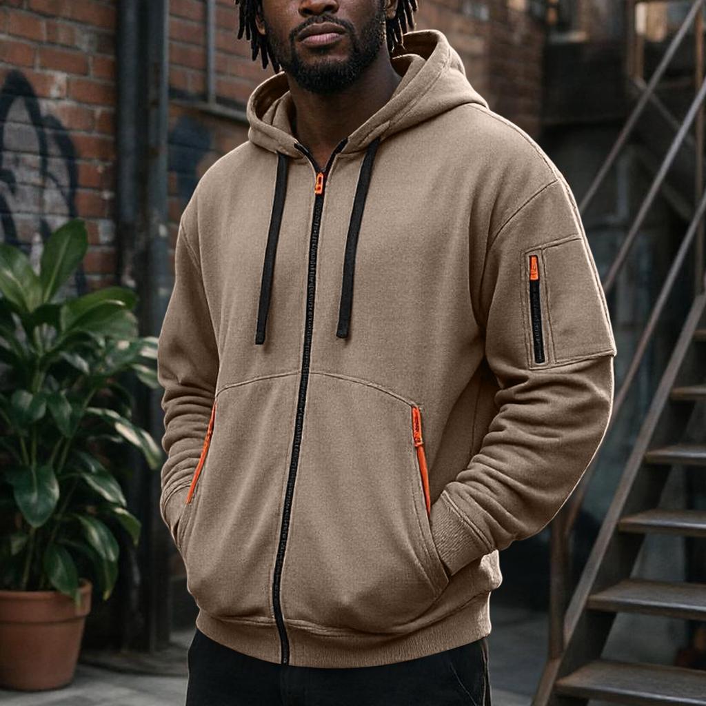 Men's Zip-Up Hooded Jacket with Multiple Pockets Athletic Casual Top for Daily Wear