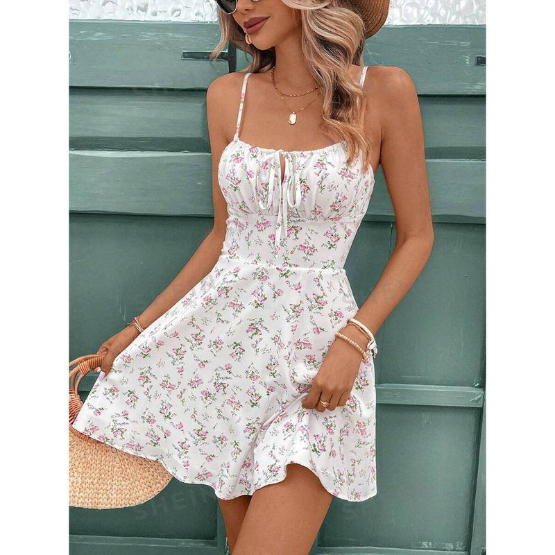 

French Style Florals Print Spaghetti Strap Country Style Milking Dress Summer Vacation Atmosphere White S
