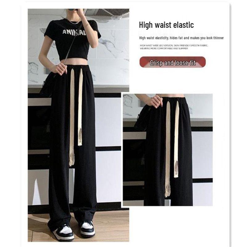 Women's Trendy High-Waist Black Drawstring Wide-Leg Trousers for Spring & Autumn