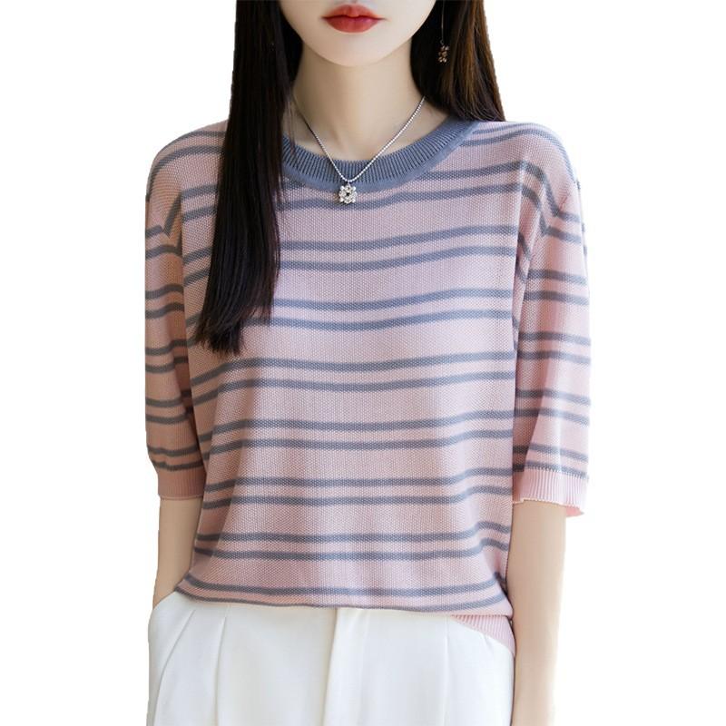 Tencel Crew Neck Striped Knitted Sweater Short Sleeve Women's Summer New Fashion Versatile Gradual Change Color Half Sleeve Bottoming Shirt Top