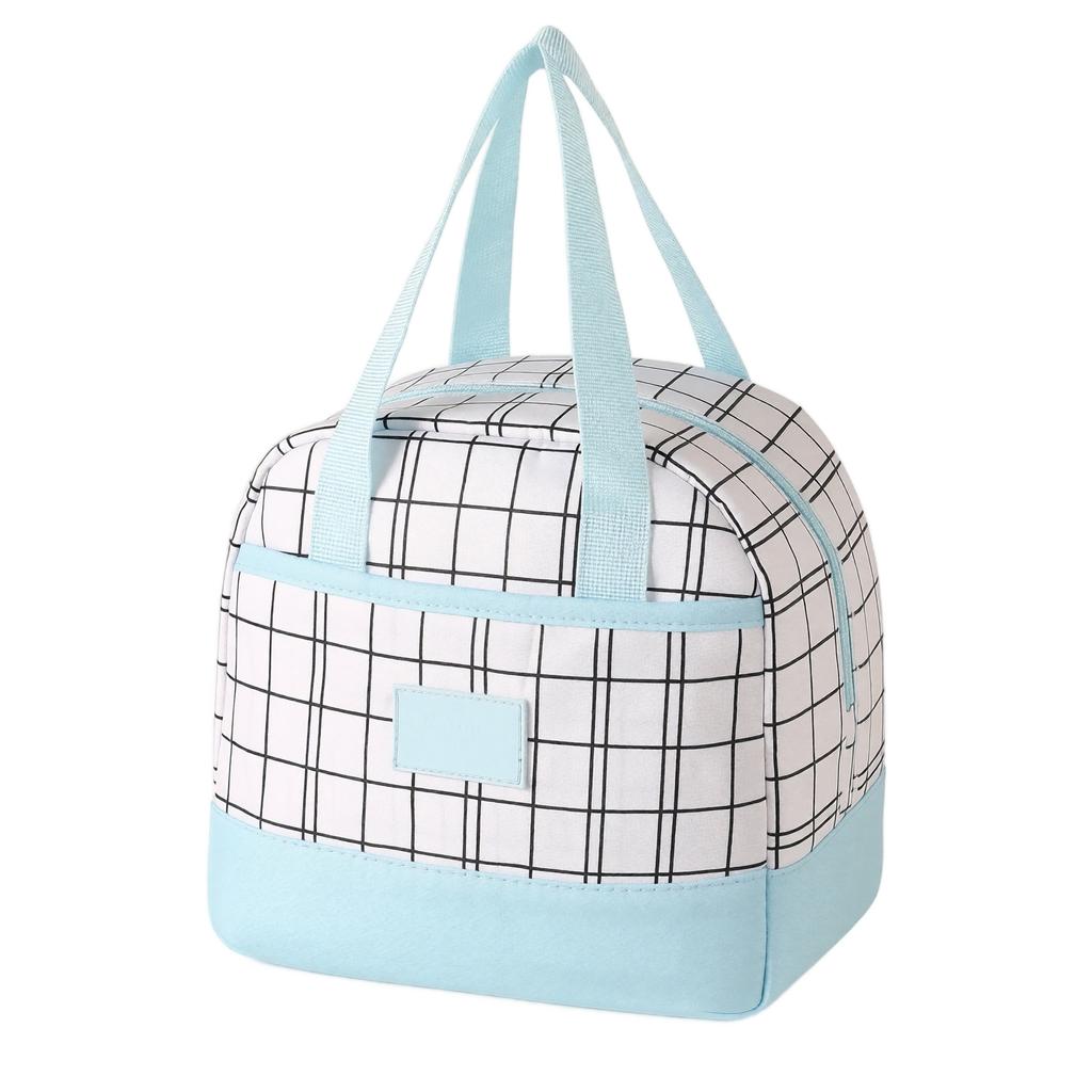 Insulated Lunch Tote Bag Oxford Fabric Grid Pattern Durable Handheld Lunch Bag with Zipper Closure and Front Pocket for Work School Travel