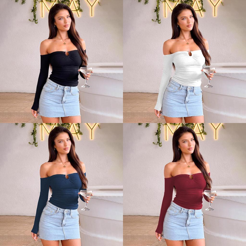 Sexy Girl Long Sleeve Knit Top With Metal Buckle And Off Shoulder Design For Streetwear Style