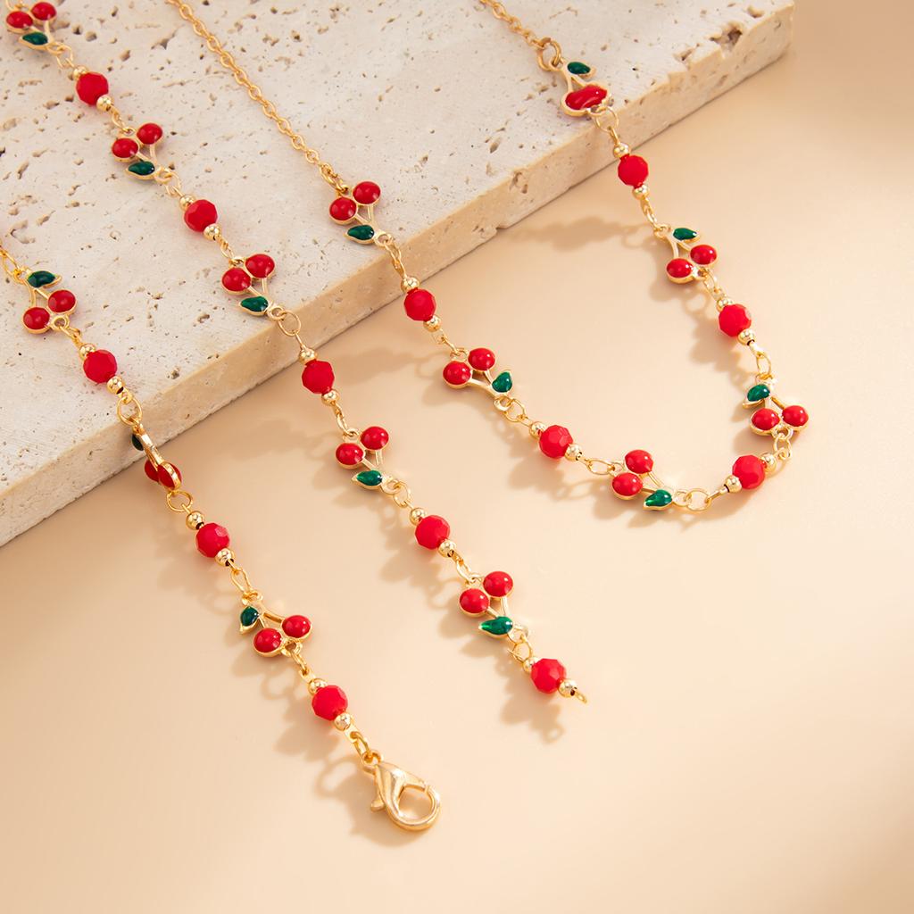 Sweet Wind Drip Oil Cherry Pendant Long Necklace, Metal Stacked Fruit Series Clavicle Necklace