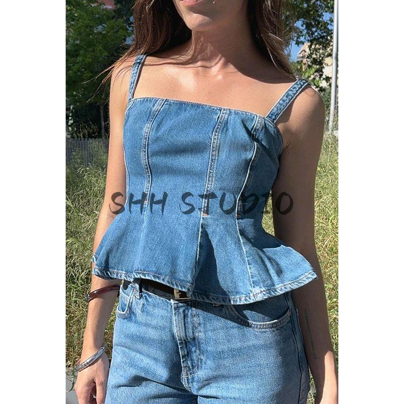 Summer New Product Women's Clothes French Stretch Design A- line Hem Cotton Sling Denim Tops 6164070