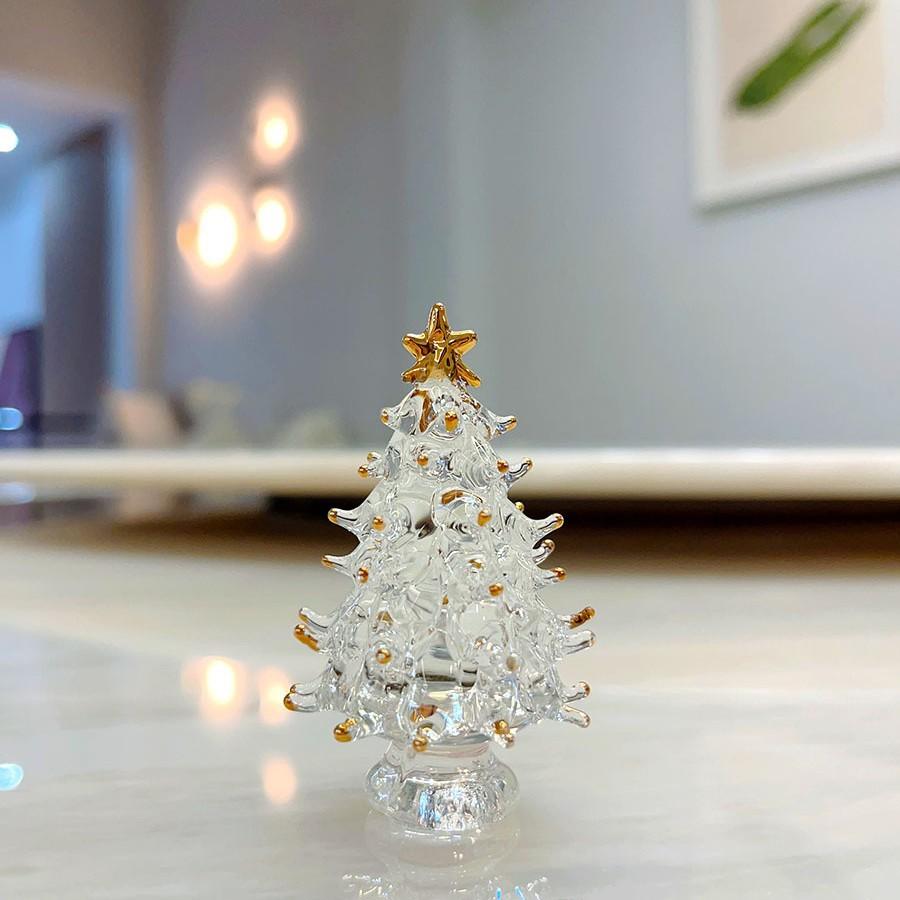 Glass Christmas Tree Figurines Set of 3 Decorative Holiday Ornaments with Star Tops for Table Centerpiece or Shelf Display
