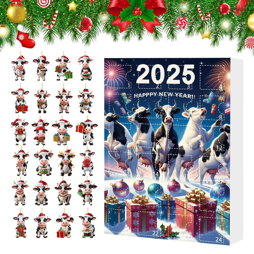 Cow Christmas Calendar 24 Days Cartoon Animal 2D Acrylic Hanging Ornaments Festive Countdown Calendar Christmas Tree Decorations