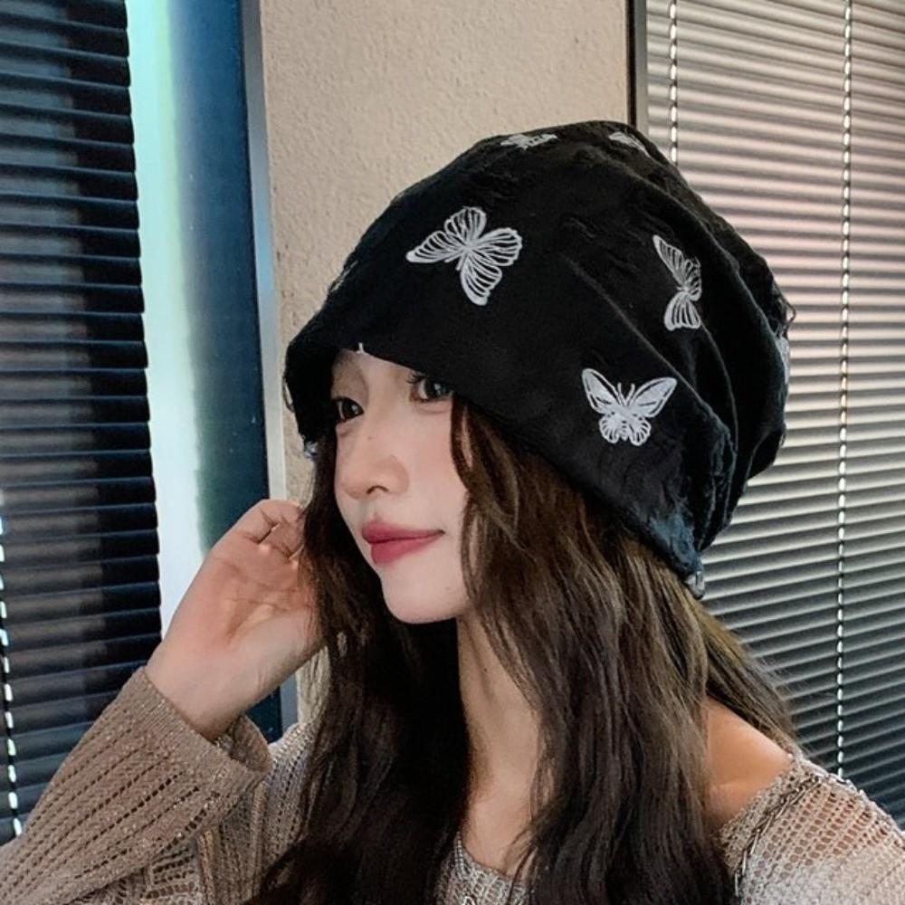 Thickened Butterfly Print Beanies Holes Plush Pullover Hat Fashion Fleece Beanies  Keep Warm