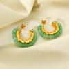 European and American Retro Green Natural Stone C-shaped Earrings Stainless Steel Plated 18k Gold Waterproof Pleated Stud Earrings Women