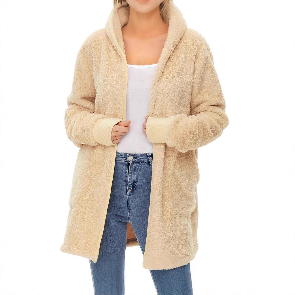 New Style Warm Women's Double-sided Plush Hooded Cardigan with Drawstring Pockets and Windproof Jacket