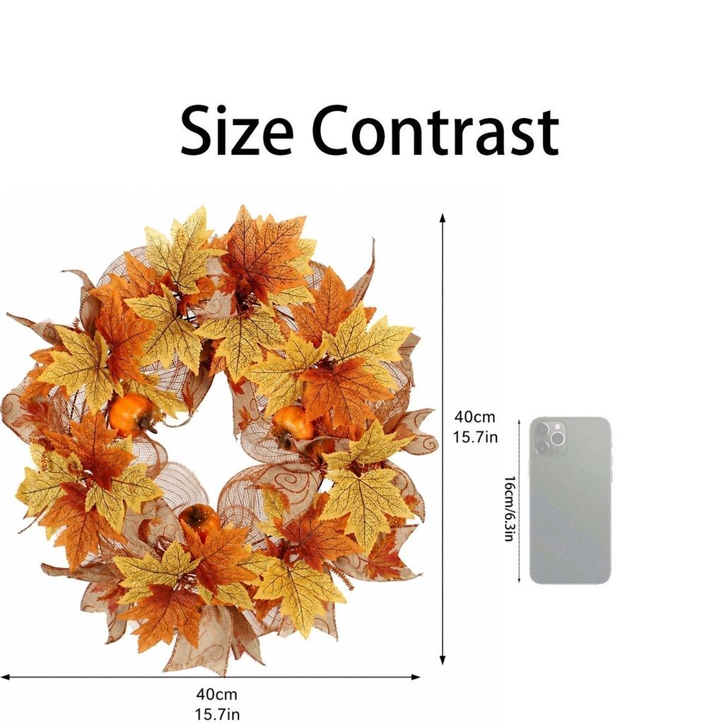 40cm Thanksgiving Pumpkin Wreath with Dual Tone Maple Leaves and Decorative Mesh for Seasonal Home Wall Door Decoration