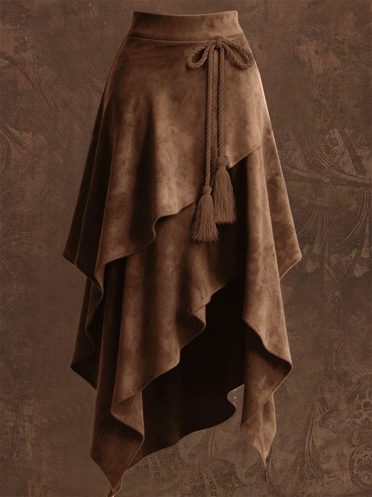 Retro Europäischer Unregelmäßiger Westlicher Wildlederrock, Einfarbig, Kollektion 2026