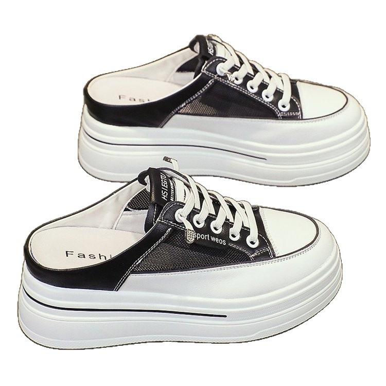 Popular Thick-soled Lace-up Heightening Little White Shoes for Women's 2025 Summer New Versatile Comfortable Casual Half Slippers for Women's Out