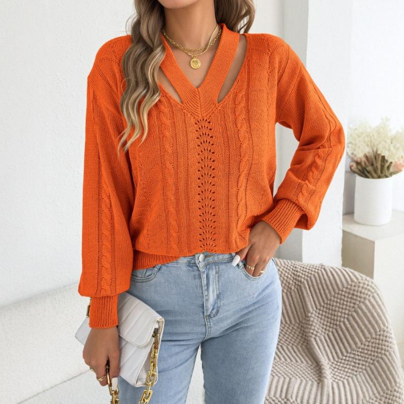 Women S Solid Color V Neck Long Sleeve Hollow Out Sweater
