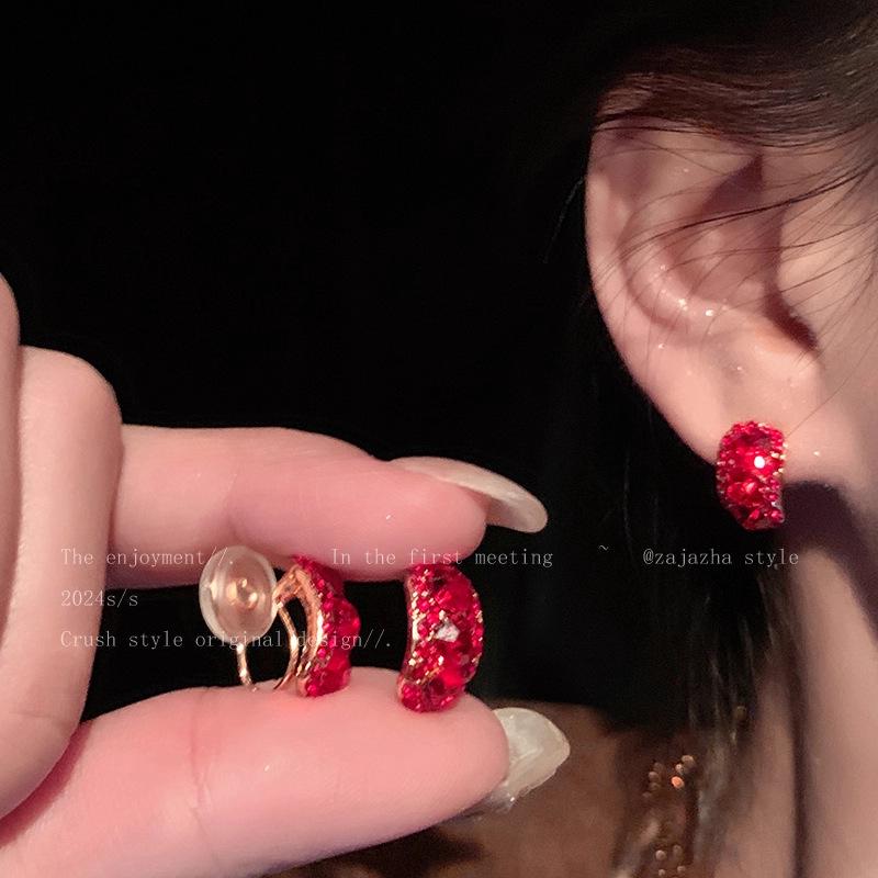 Sterling Silver Red Ear Clip Earrings (No Piercing) - Chinese New Year 2026 Girls' New Style, Light Luxury High-End.