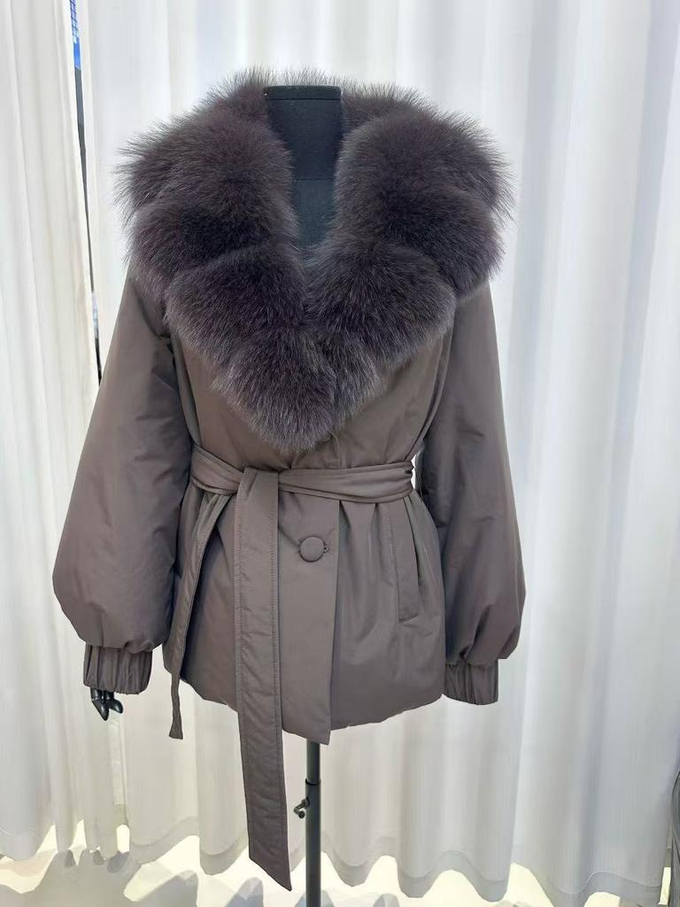New natural fox big fur collar white duck down jacket women's short waist lace-up fashionable thickened coat