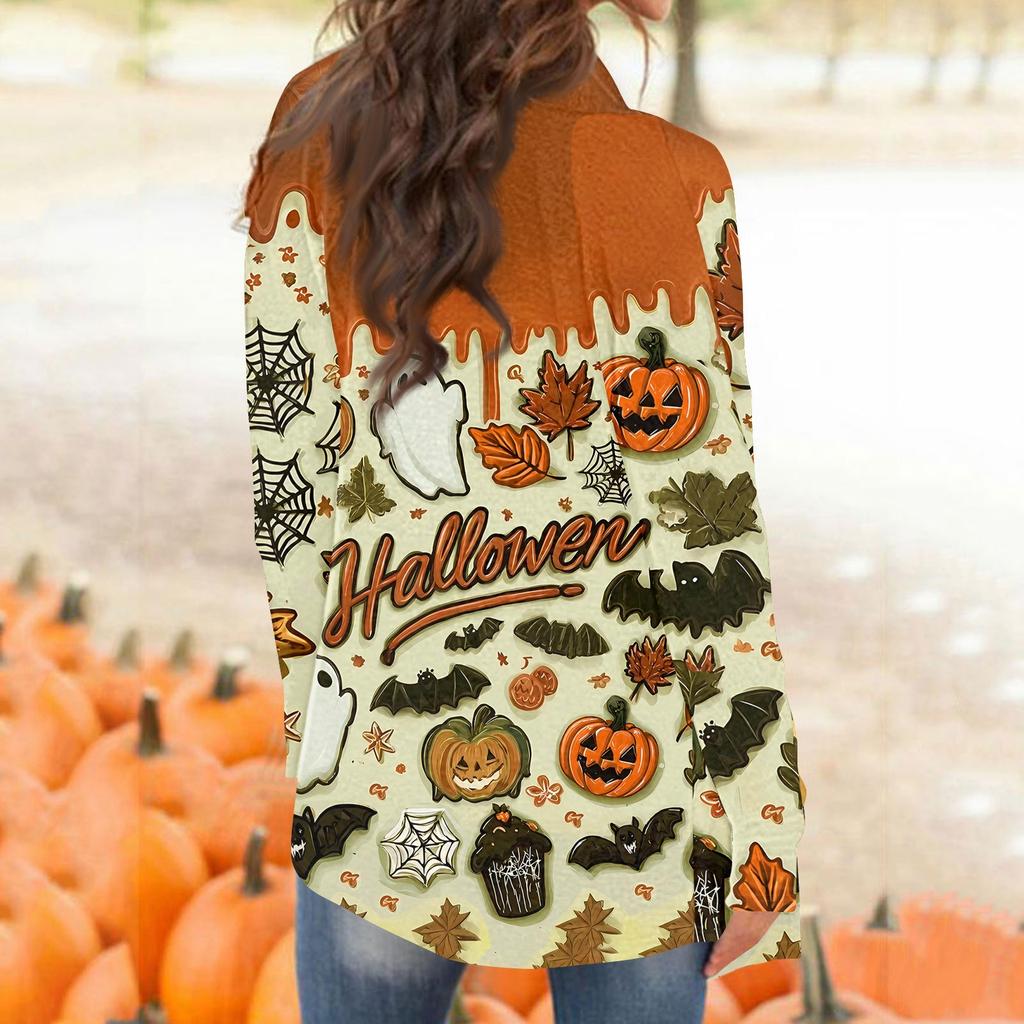 Women's Halloween Print Long Sleeve Front Cardigan Printed Top Lightweight Jacket