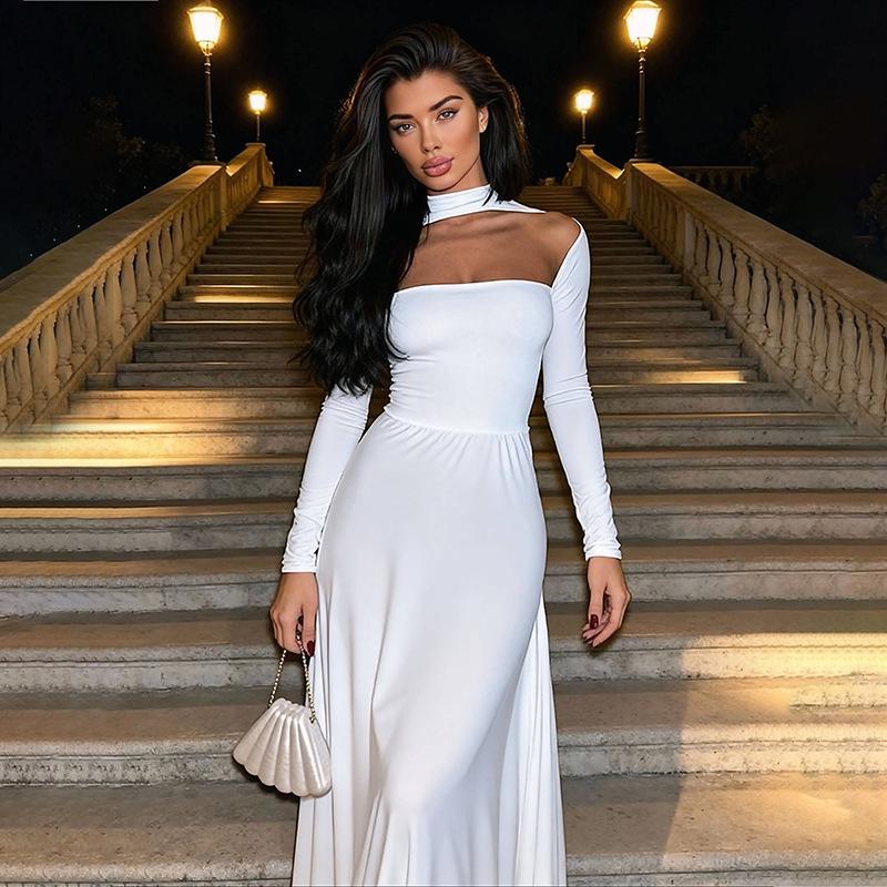 

2025 Women s European & American Solid Color Strapless Long Sleeve Slim Dress - Sexy Waist-Cinched Autumn/Winter Fashion Large білий