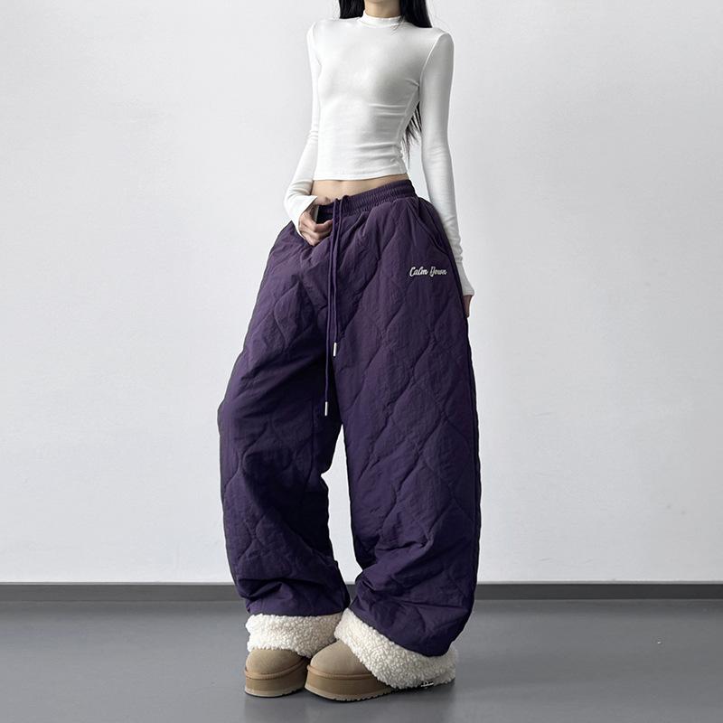 

Women s Dark Blue Cotton Pants - Loose Diamond Pattern, Thick, Warm, Casual, Slimming, Straight Leg Medium фиолетовый