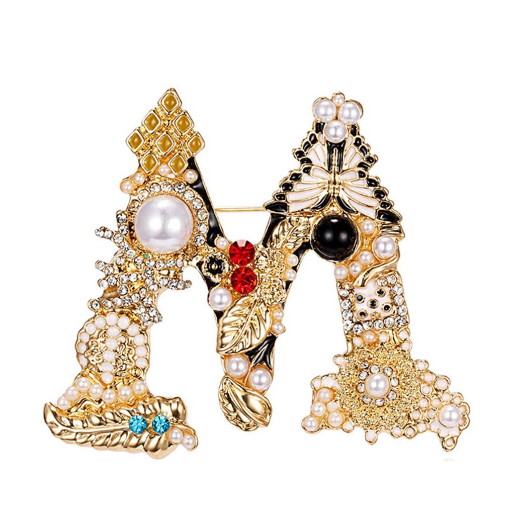 Letter Shaped Brooch Scarf Clothes Decorative Brooch Breast Pin Pearl Rhinestone Badge Jewelry A