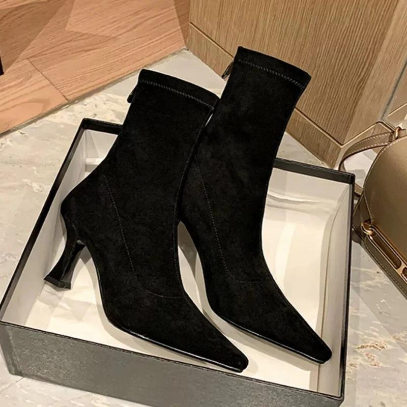 Vintage Women Ankle Boots Fashion Pointed Toe Shoes Spring Autumn High Heel Ladies Elegant Dress Stretch Slim Short Booties