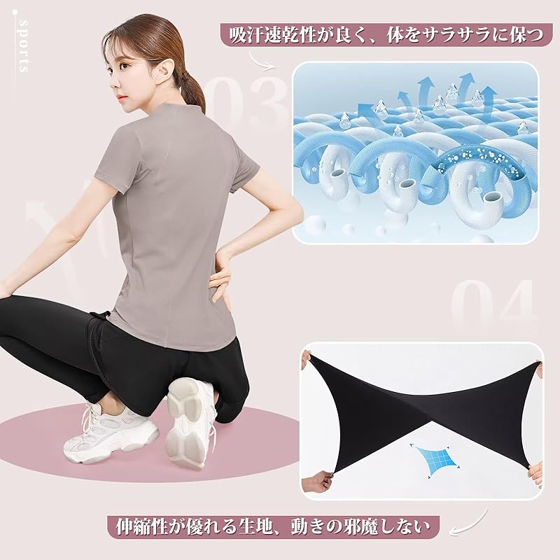 [Rovidorx] Yoga Wear Tops Half Zip Shirt Short Sleeve T-shirt Ladies Sports Training Running Wear Golf Wear Tennis Wear Sportswear Pilates Wear Gym