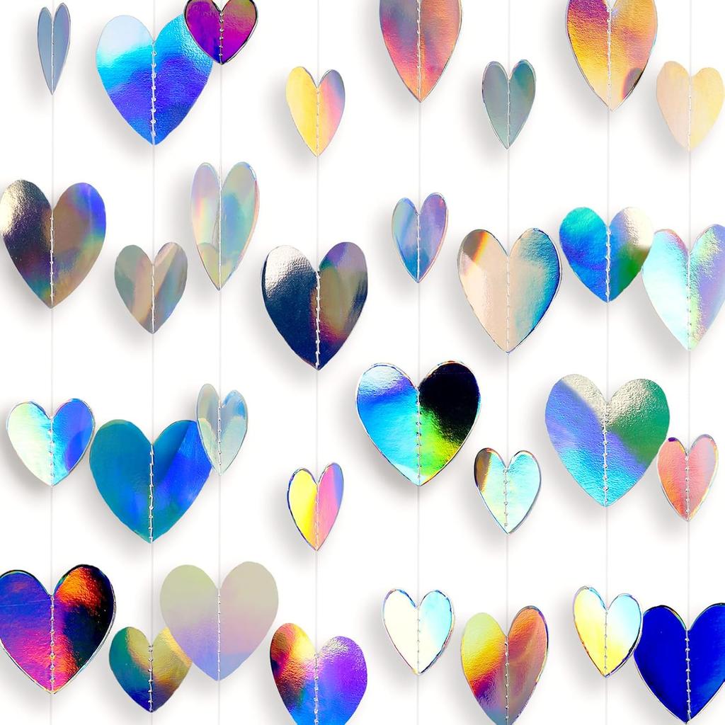 200 Pcs Iridescent Heart-52 FT Garland Party-Decorations Streamers Banner - Disco Kpop Birthday Holiday Girls Dancing Queen Princess Bachelorette