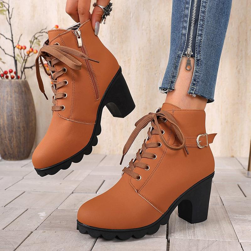 Women's Casual Block Heel Ankle Boots Lace Up Side Zipper Platform Short Boots Woman 2025 Autumn Comfort Chunky Heel Botas Mujer