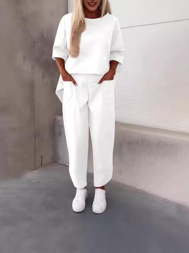 2024 European & American Women's Loose Casual Two-Piece Set: Solid Color Crew Neck Top & Nine-Point Pants for Autumn