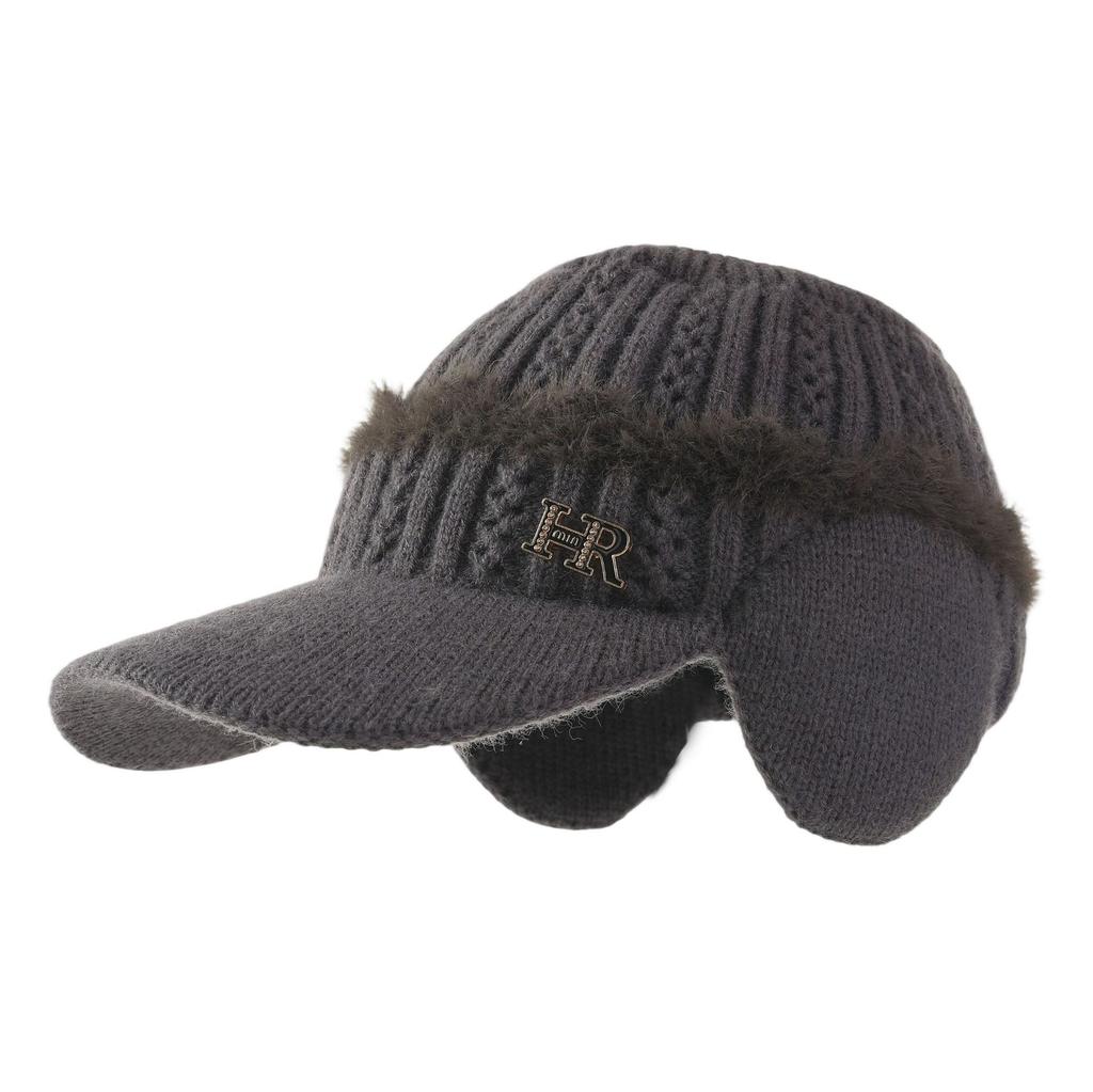 Autumn and Winter Knitted Empty Top Hat, Letter Plush Duck Tongue Wool Hat, Women's Outdoor Cycling Windproof Ear Hat