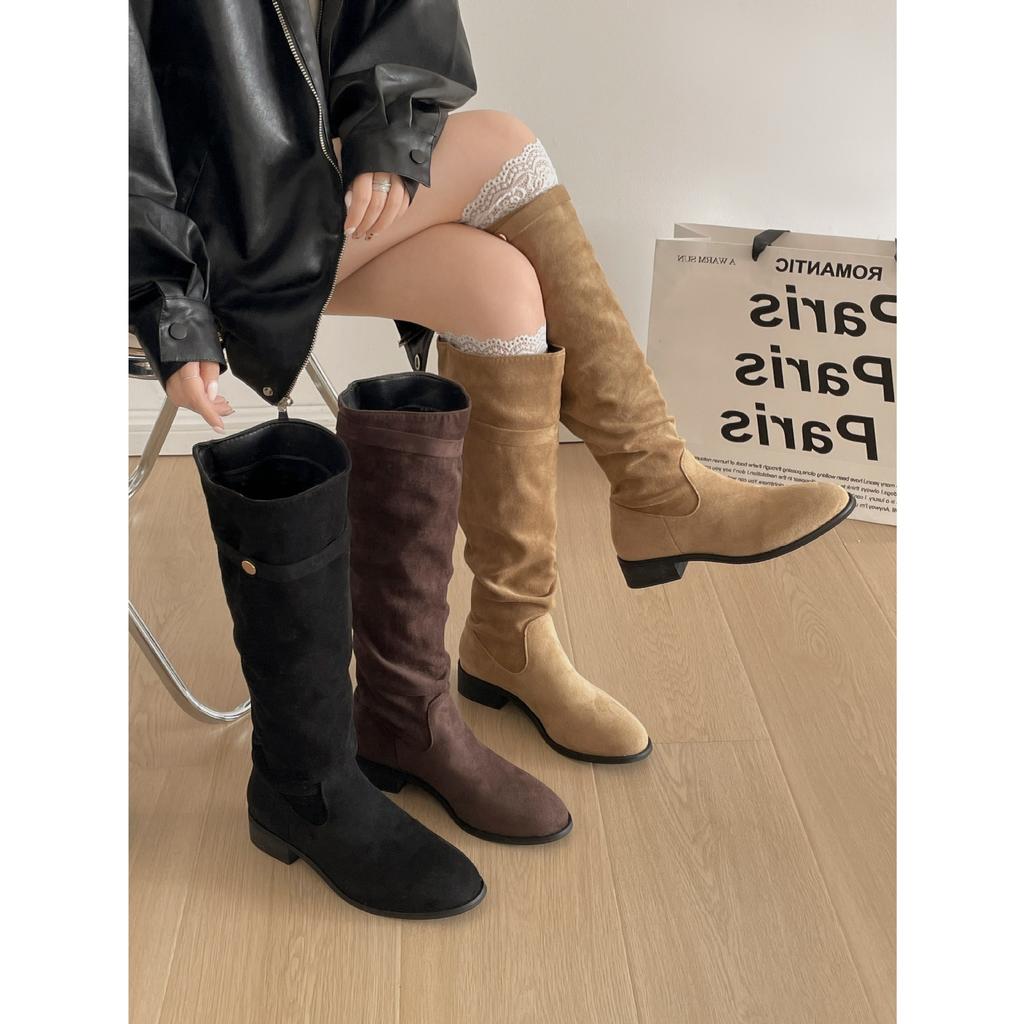 Vintage brown Maillard style thick heel boots children's boots autumn with skirt thin knight boots