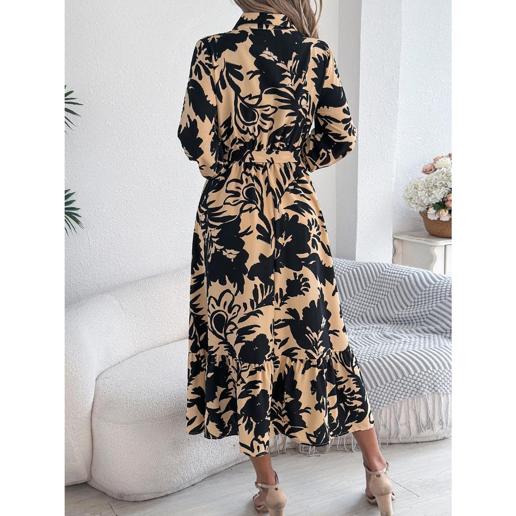 GMXIA Spring Summer Casual Flower-patterned Long-sleeved Shirt Dress Ruffled Long Dress Women's Clothing