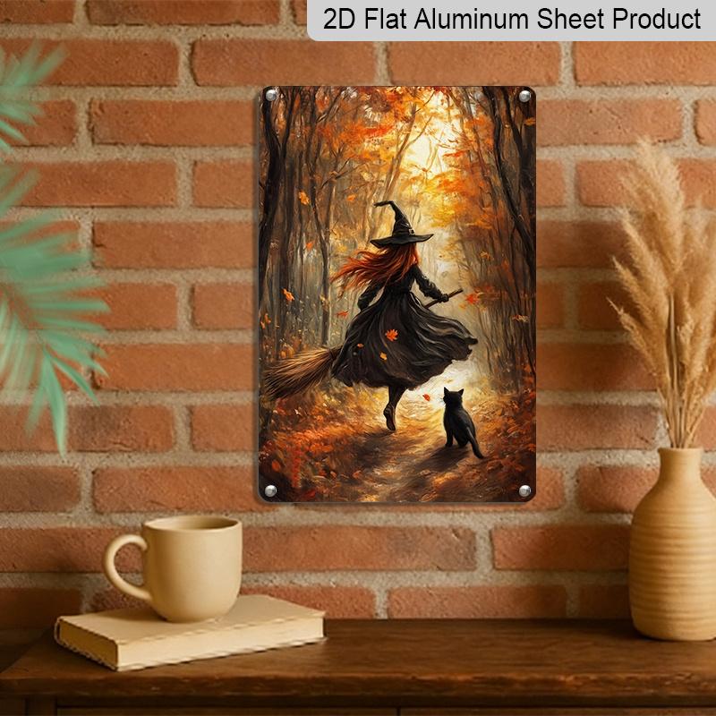 2D Flat Vintage Autumn Forest Witch with Black Cat Aluminum Metal Sign‑8.0x12.0inch Halloween Wall Decor, Witch Broom Fall Maple Leaf Art Plaque