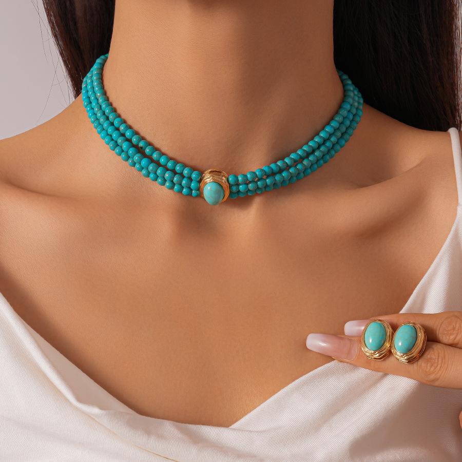 Boho Multi-layer Turquoise Chain Necklace Bracelet Earrings Jewelry Set Ethnic Style Beads Choker