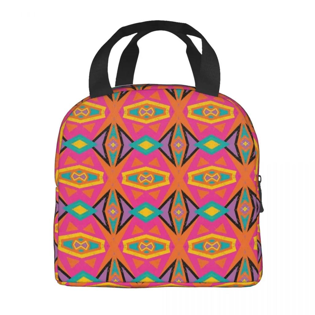 African Tribal Ankara Fabric Style Pink Thermal Insulated Lunch Bags Women Geometric Ethnic Art Portable Lunch Tote Food Box