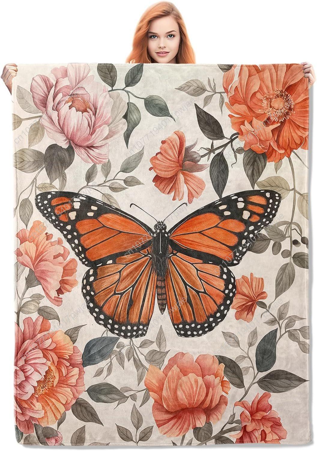 Butterfly and Flowers Throw Blanket Gifts Soft Cozy Fleece Blanket with Monarch Butterfly Floral Print Blanket Custom blankets 75X95CM