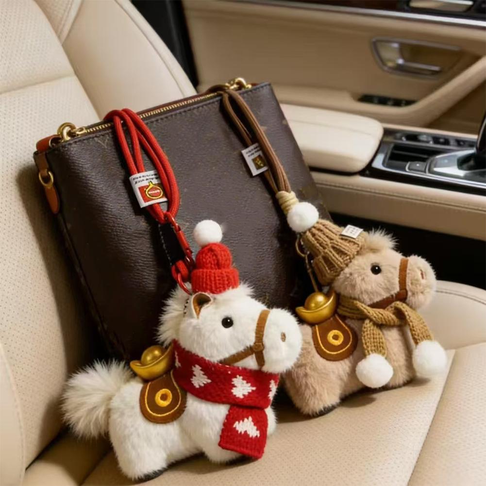 Cute Pony Keychain Plush Horse Keyring Car Ornament Decor Bag Charm Gift for Valentine House New Year Holiday Auto Accessory