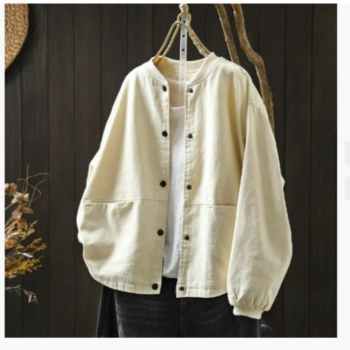 Autumn Cotton Baseball Collar Short Jacket Women's Loose and Thin Casual Double-pocket Jacket Cardigan Top