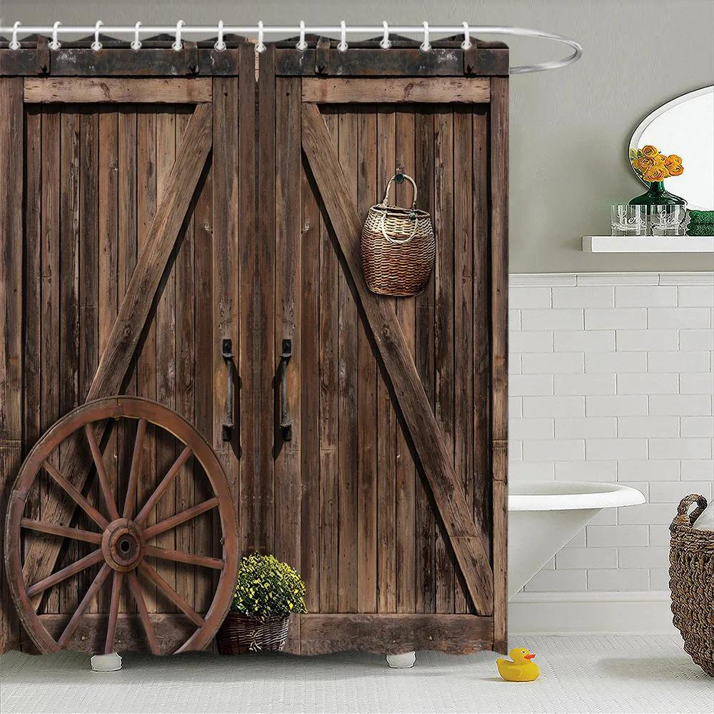Retro Holz Türen Duschvorhang Set Rustikal Alt Vintage Scheunentor Stoff Badezimmervorhänge Bauernhaus Baddeko Badwände Haken