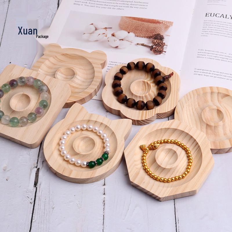 Round Natural Wood Jewelry Display Stand for Bracelets, Geometric Shape Square Tray