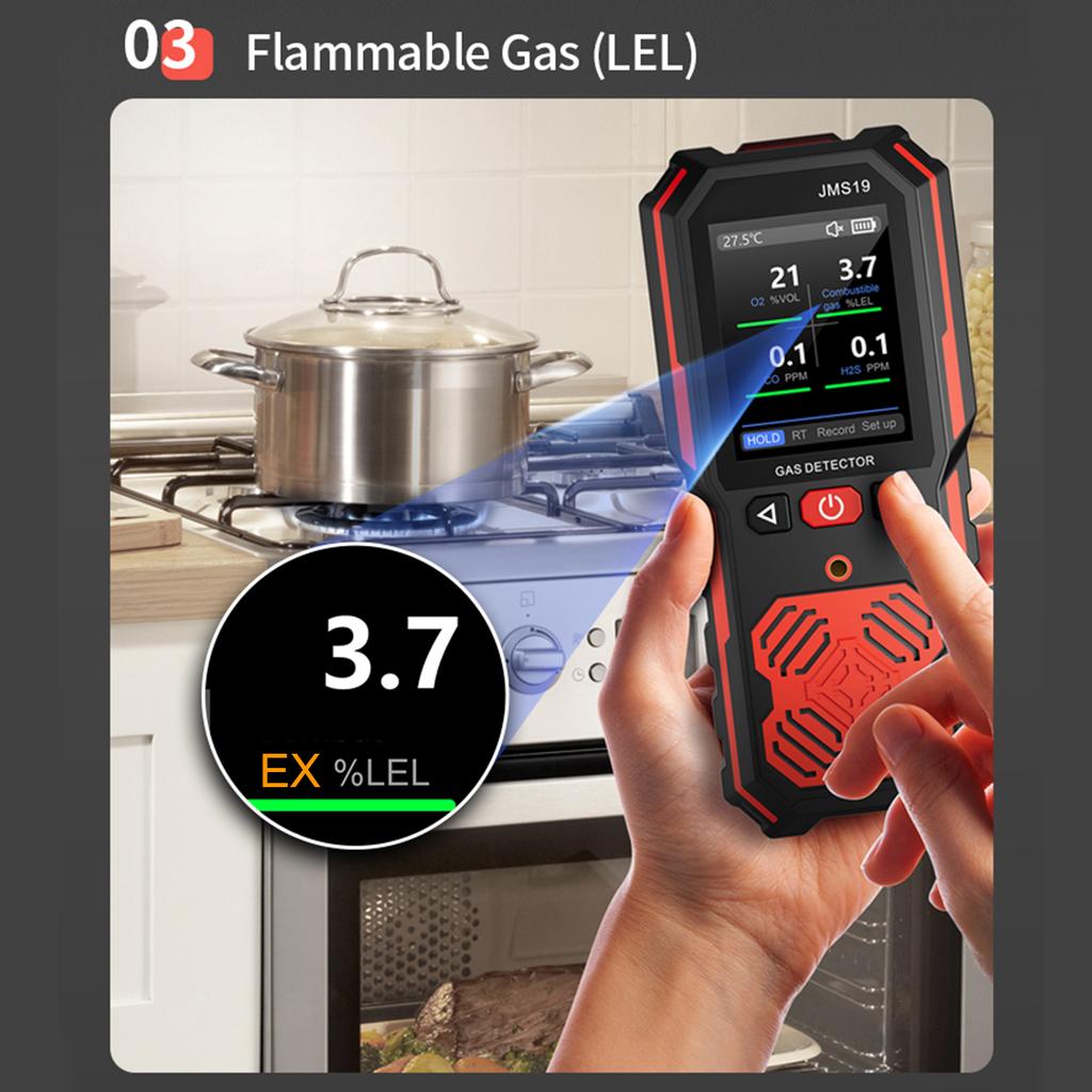 4 in 1 Gas Detector, Portable O2 LEL CO H2S Monitor with LCD Display and Backlight, Data Storage, Multi Gas Detector