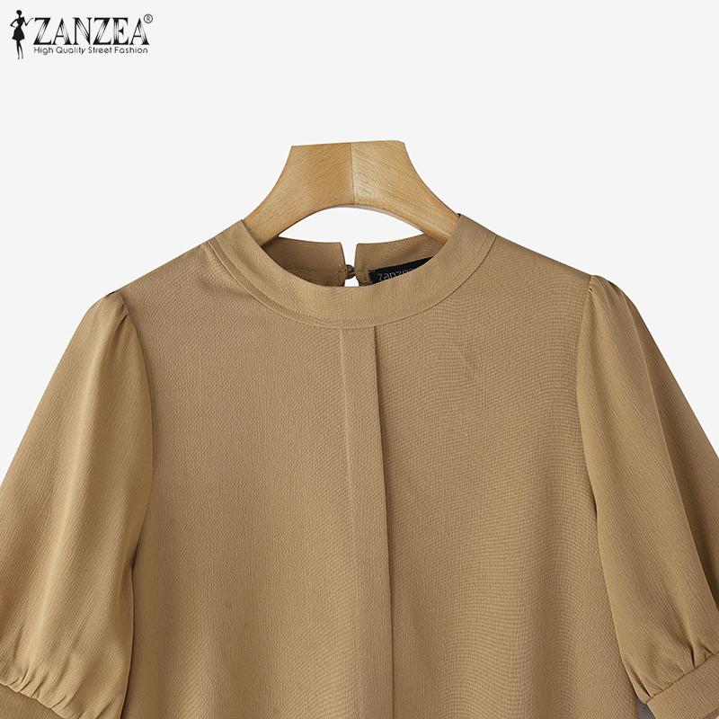 ZANZEA Women Casual Stand Collar Solid Color Summer Half Sleeve Blouse