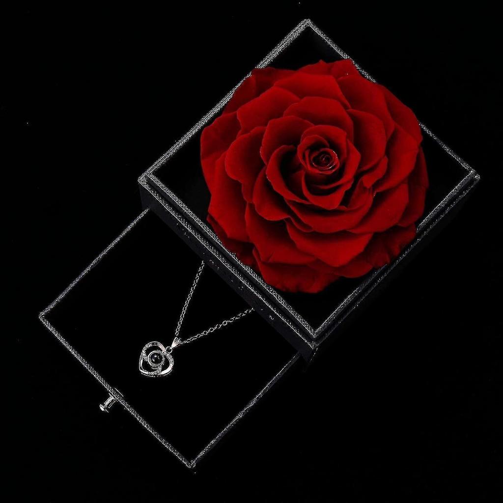 Preserved Real Rose With Love You Necklace In 100 Languages Gift Set