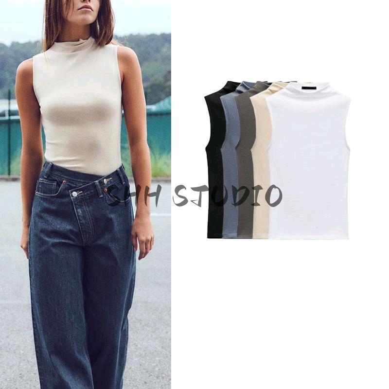 Spring New Women's Clothing Casual Stand Collar Cotton and Modal Blended T-shirt Sleeveless Tops 3641842