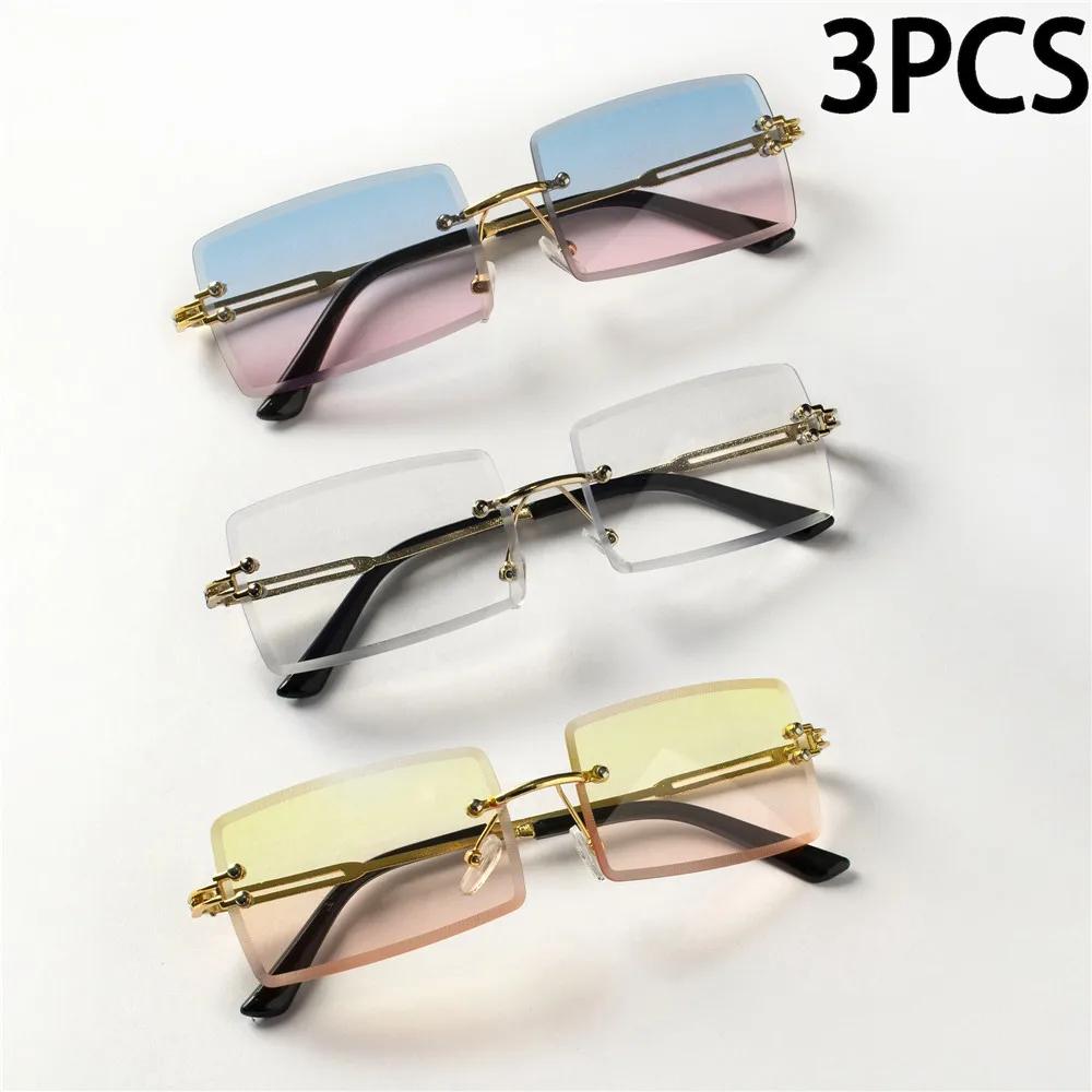 3PCS Fashion Rimless Sunglasses Women Trendy Small Rectangle Sun Glasses  Summer Traveling Style Brown Shades for Men