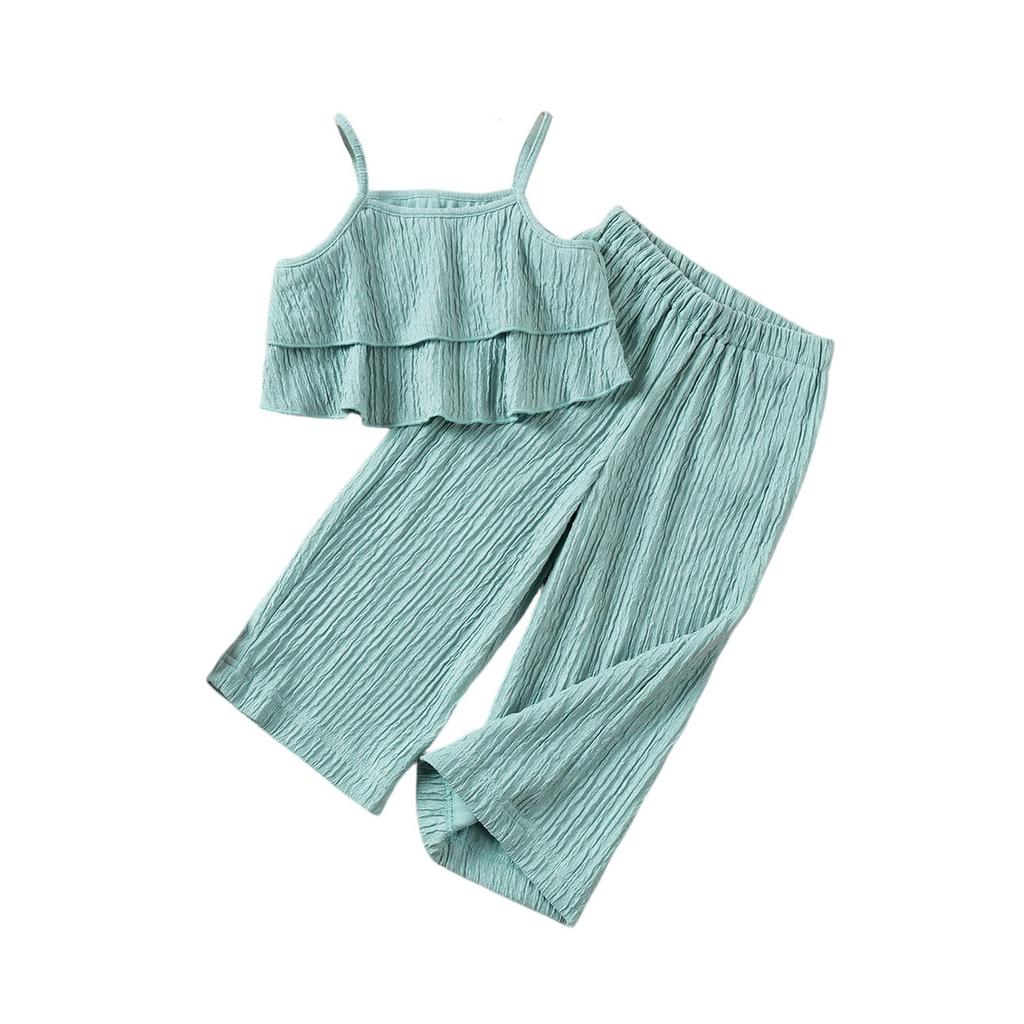 Girls' Off-Shoulder Set - Solid Color Top & Wide Leg Pants