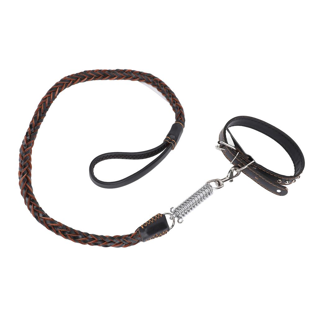 PU Leather Dog Collar Leash Set with Shock Absorbing Spring Braided Dog Training Leash for Medium an