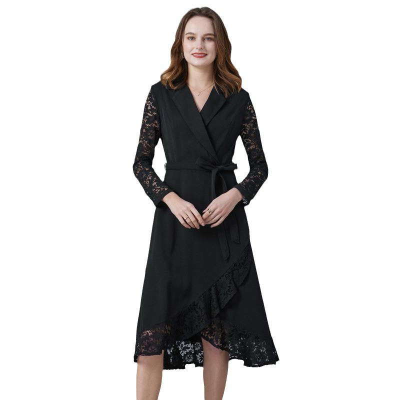 Black Hepburn-Style Patchwork Lace A-Line Dress - Plus Size, Mid-Length, Autumn/Winter Collection