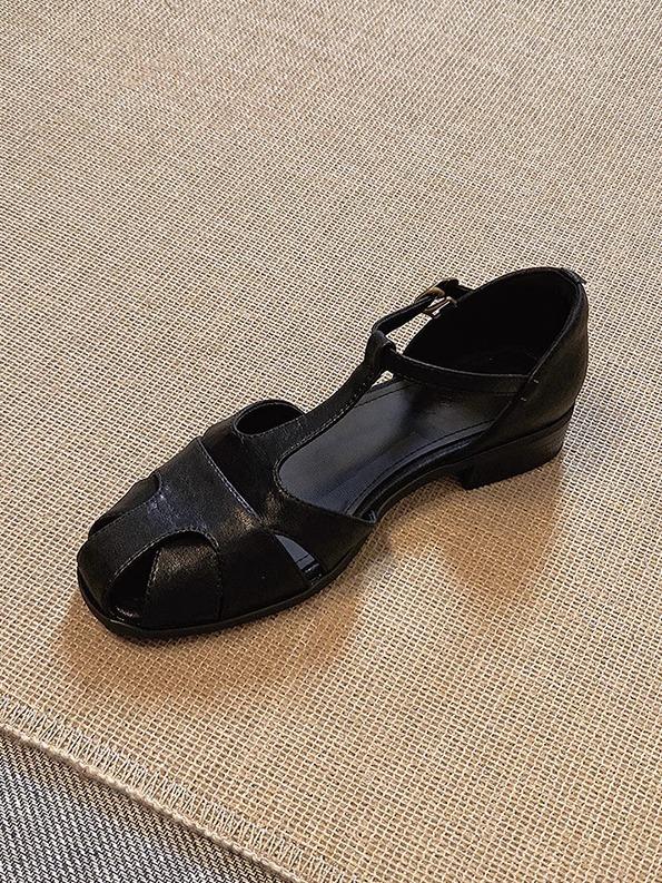 

Версия из овчины ~ ретро-круглый носок полые летние кожаные сандалии женские однословные с полым толстым каблуком литературный стиль сумка голова обувь 40 чёрный