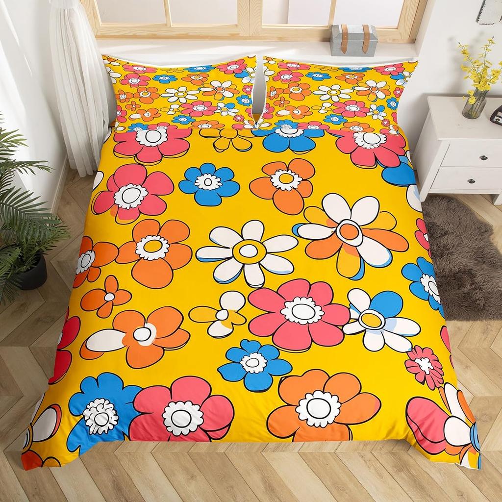 Erosebridal 60S 70S Hippie Duvet Cover Twin Vintage Boho Sun Bedding Set Groovy Flowers Clouds Love Hearts Comforter Cover for Kids Girls Te