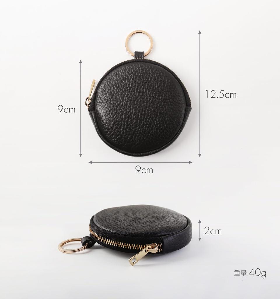 mieno Women's Leather Coin Purse, Small Item Case, Cowhide Leather Mini Pouch, Circle Pouch, Round (Black)